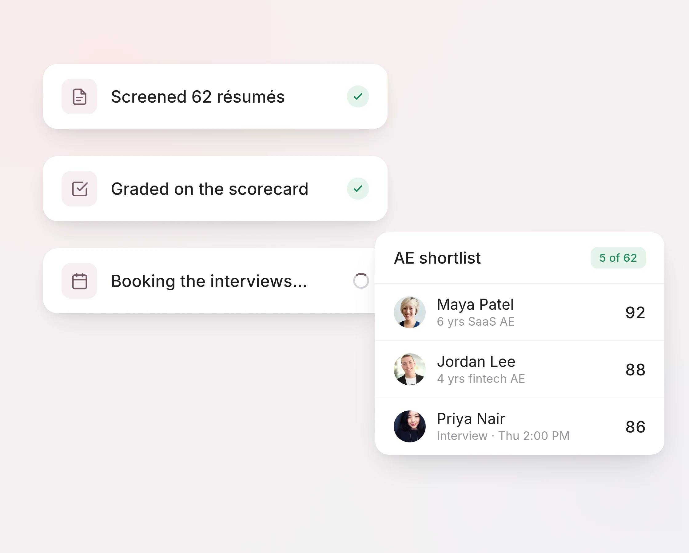 Hiring pipeline: 62 resumes screened and graded overnight, interviews booking, a shortlist of five with scores.