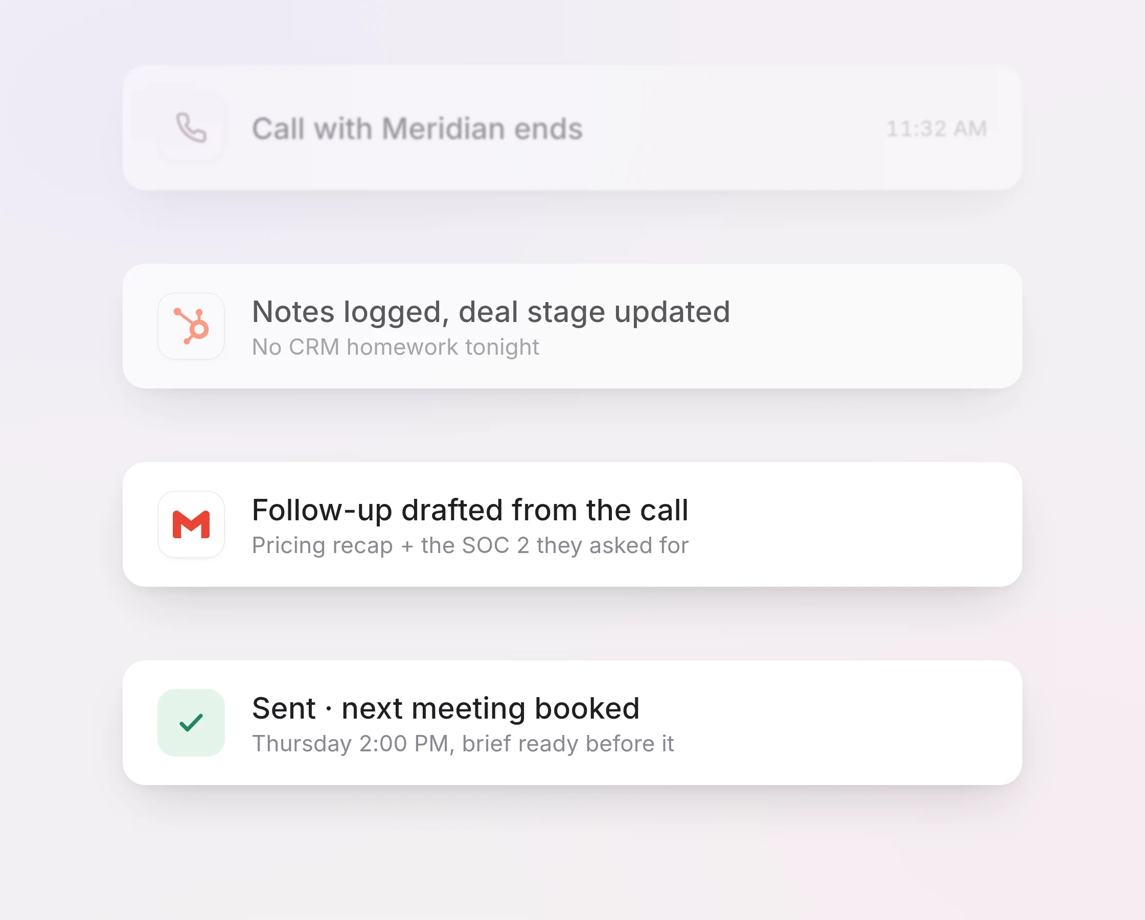 An automation cascade: daily trigger, score the pipeline, six follow-ups drafted, sent to #sales with owners cc-d.